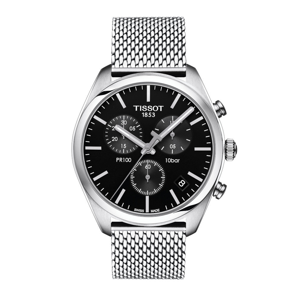 Tissot PR 100 Chronograph Mens Silver Tone Black Dial with Mesh