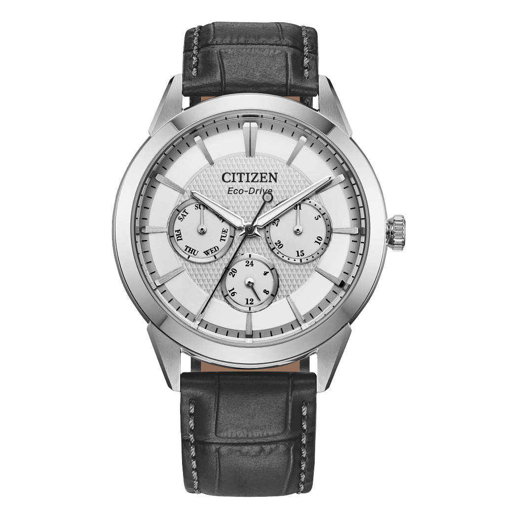 Citizen Eco Drive Black Leather Strap Silver Dial Watch BU2110 01A