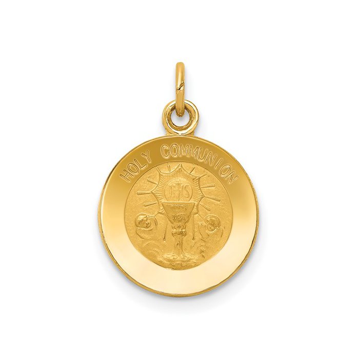 14k high quality Polished and Satin Holy Communion Medal Pendant Religious Charm Yellow Gold