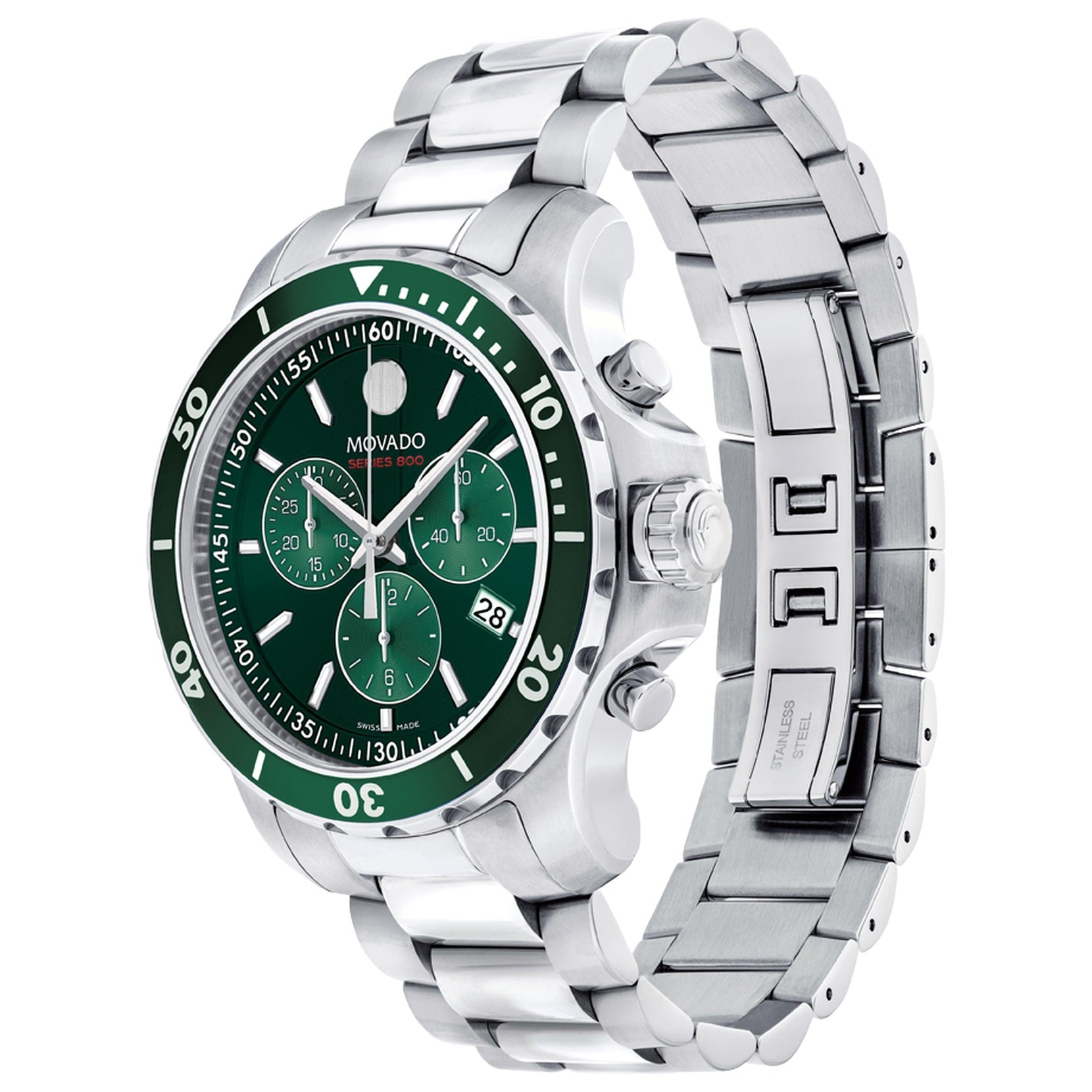 Movado Series 800 Mens Stainless Steel Chronograph Green Dial